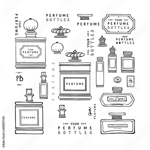 Rectangular antique glass perfume bottles with antique caps and cork stoppers, lettering. Set of black and white fashion sketches. Vector illustration on a white background.