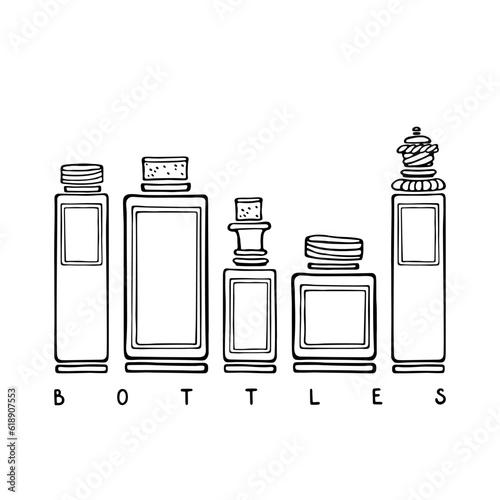 Five rectangular antique glass perfume bottles with antique caps and cork stoppers. Black and white fashion sketches. Vector illustration on a white background.