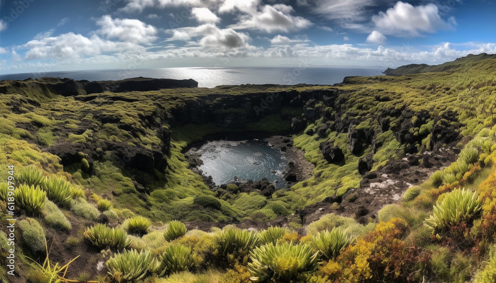 Fototapeta premium Majestic mountain range, green trees, idyllic beauty generated by AI
