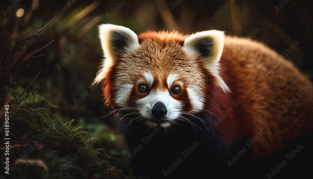 Fluffy red panda sitting in green grass generated by AI Fluffy red panda sitting in green grass generated by AI