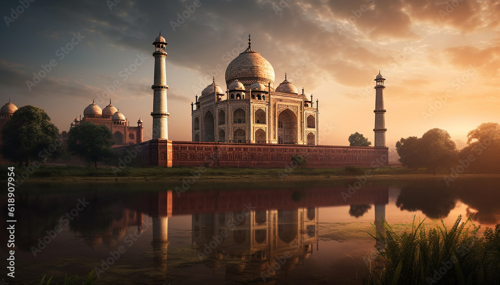 Sunset reflection on ancient mausoleum marble tomb generated by AI