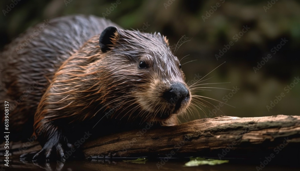 Wet beaver fur, close up portrait, front view generated by AI Wet beaver fur, close up portrait, front view generated by AI