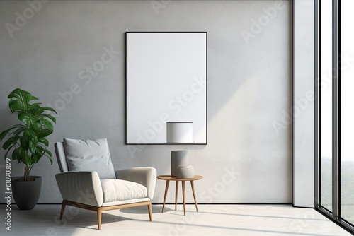 Mock up poster frame in minimalist black and white living room interior background  cement wall
