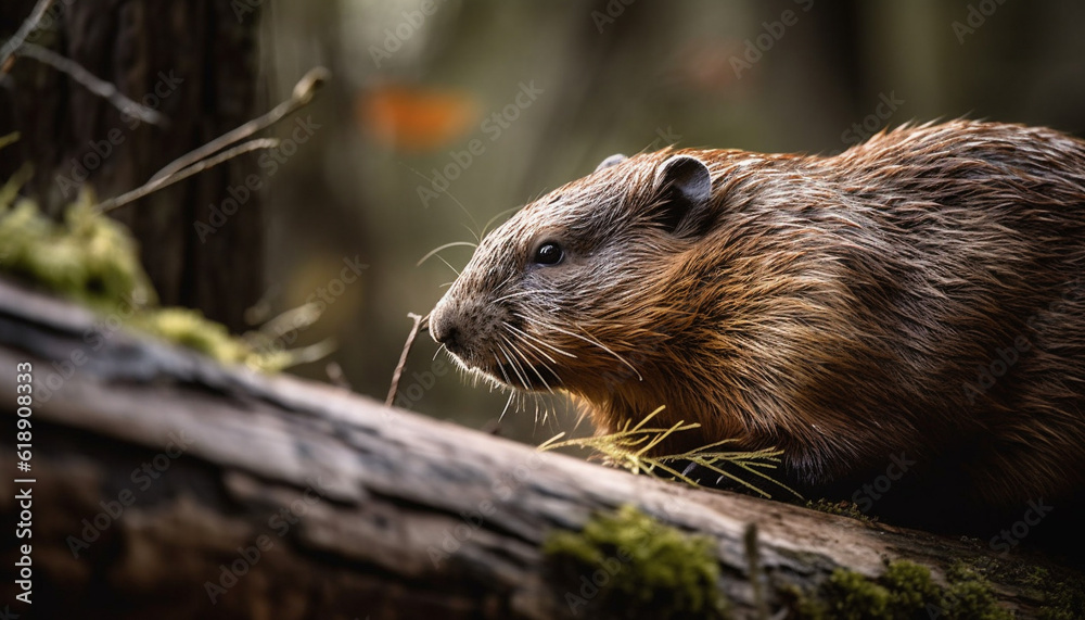 Fluffy beaver eating nutria on wet grass generated by AI Fluffy beaver eating nutria on wet grass generated by AI