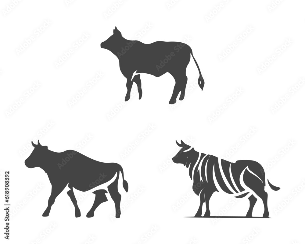 Bull and Cow set. Premium logo. Stylized silhouettes of bull and cow standing in different poses. Isolated on white background. Bull logo design set. Horned bull cow vector icon.