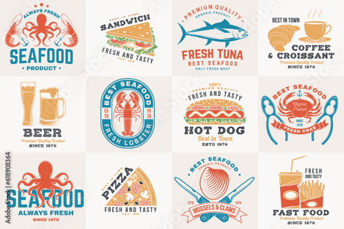 Set of seafood and fast food retro badge. Vector. For seafood emblem  sign  patch  shirt  menu restaurants with tuna  trout  shrimp  octopus crab mussels and clams  hotdog  burger  pizza