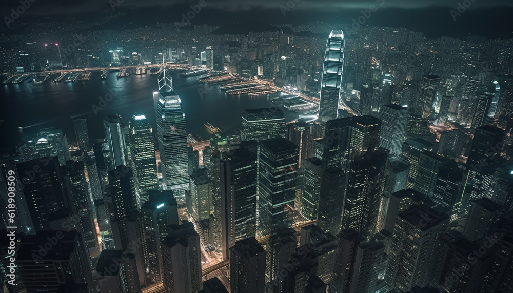 Fototapeta premium Glowing skyscrapers illuminate the futuristic cityscape at dusk generated by AI