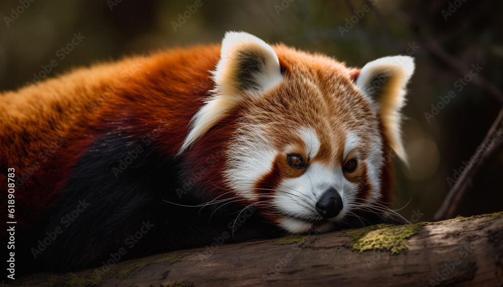 Fluffy panda sitting on tree branch outdoors generated by AI Fluffy panda sitting on tree branch outdoors generated by AI