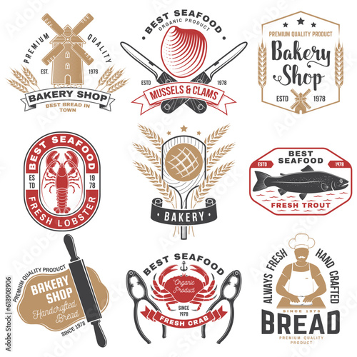 Set of Bakery and seafood badges. Vector. For emblem, sign, patch, shirt, menu restaurants with rolling pin, windmill, wheat ears, tuna, trout, shrimp, octopus crab mussels and clams.