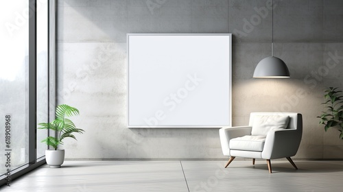 Mock up poster frame in minimalist black and white living room interior background  cement wall