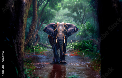 Elephant in the jungle under a monsoon rain. AI Generative.