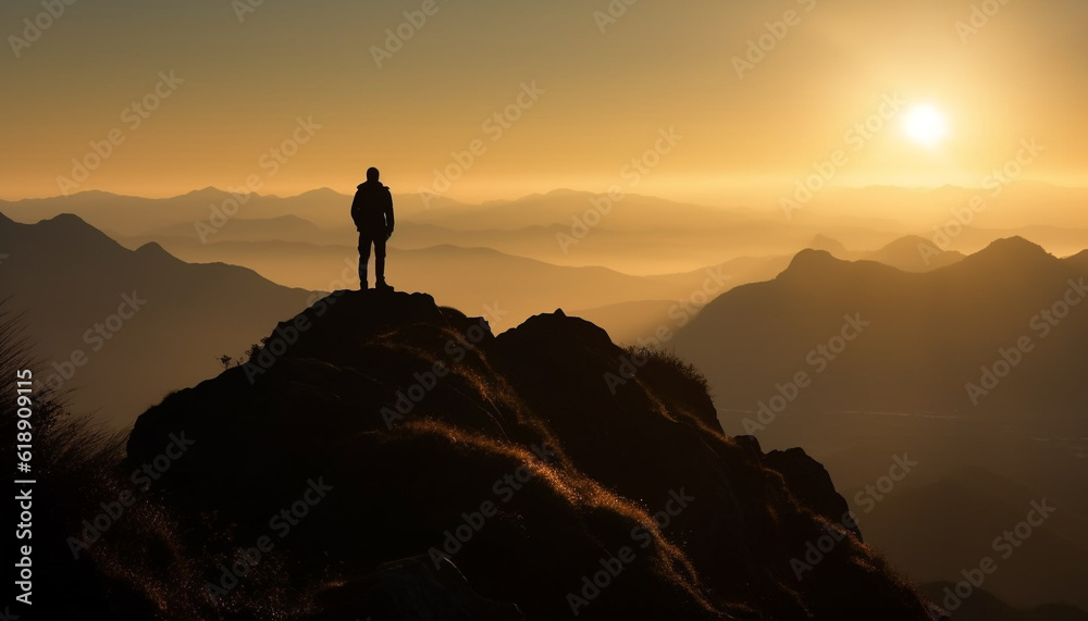 Standing on cliff, backpack, admiring mountain peak generated by AI