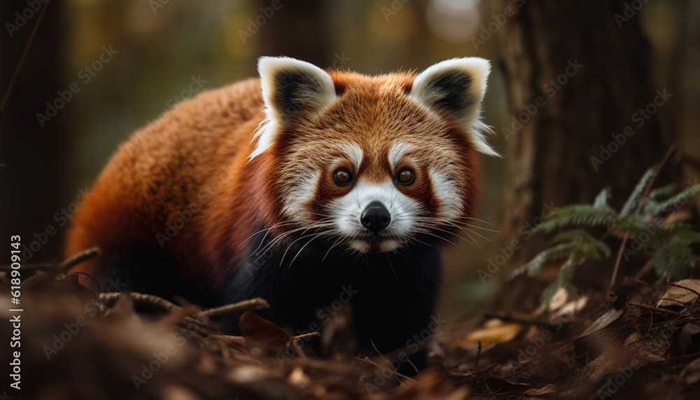 Naklejka premium Fluffy red panda sitting on tree branch generated by AI