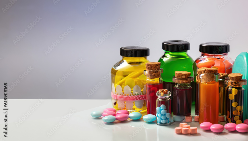 Glass jars with colorful medicine Liquid and sweet potions in jars Medicine Glass jars with colorful medicine Liquid and sweet potions in jars Medicine