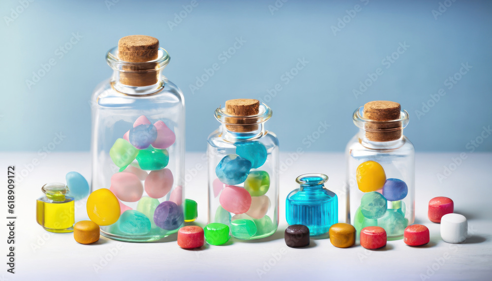 Glass jars with colorful medicine Liquid and sweet potions in jars Medicine Glass jars with colorful medicine Liquid and sweet potions in jars Medicine