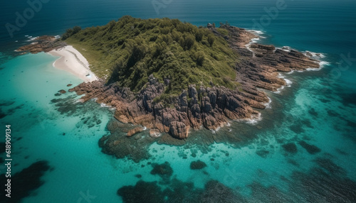 Turquoise waves crash on idyllic tropical coastline generated by AI