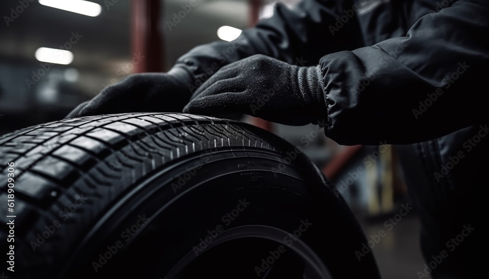 Obraz premium Auto mechanic holding tire, repairing car indoors generated by AI
