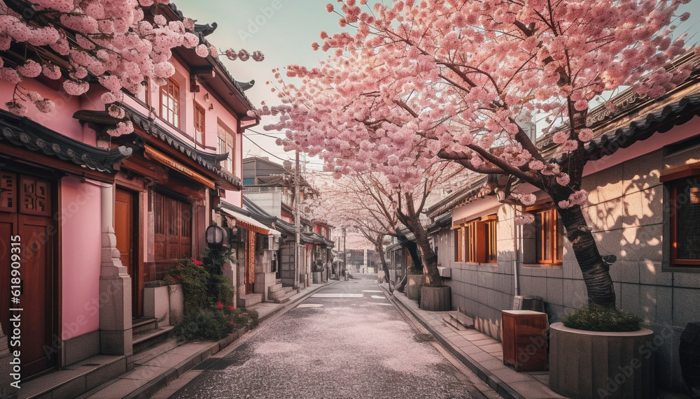 Pink cherry blossoms illuminate famous Japanese architecture generated by AI