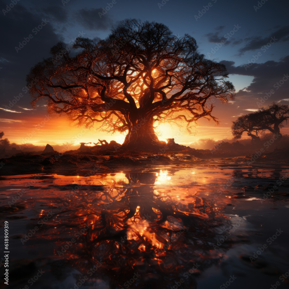 Mystical Twilight: Dramatic Clouds Surrounding a Magical Tree. Generative AI Mystical Twilight: Dramatic Clouds Surrounding a Magical Tree. Generative AI