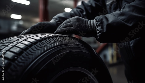 Auto mechanic holding tire, repairing car indoors generated by AI