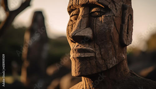 Ancient wood sculpture depicts indigenous culture spirituality generated by AI
