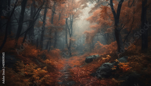 Spooky fog shrouds autumn forest mystery trail generated by AI