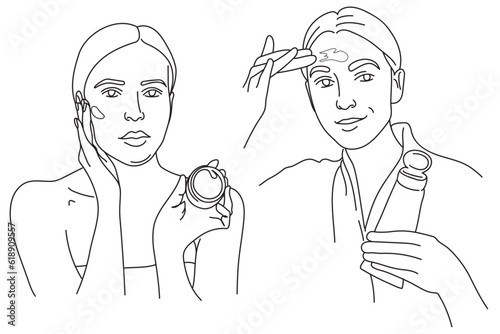 face care woman with cream in her hands line

