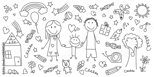 Funny doodle family set. Mom  dad  kid  toys. Hand drawn line childish background. Happy childhood concept