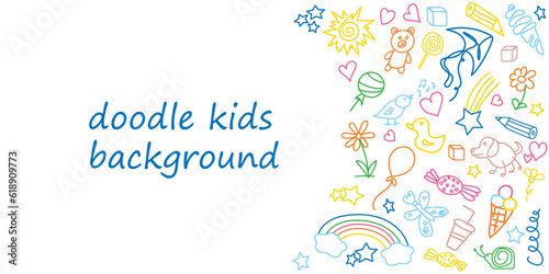Kids doodle background. Template with children's colorful drawings. Outline drawn cartoon elements