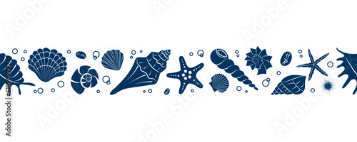 Seashell endless border. Blue silhouette of a shell. Marine background, design element