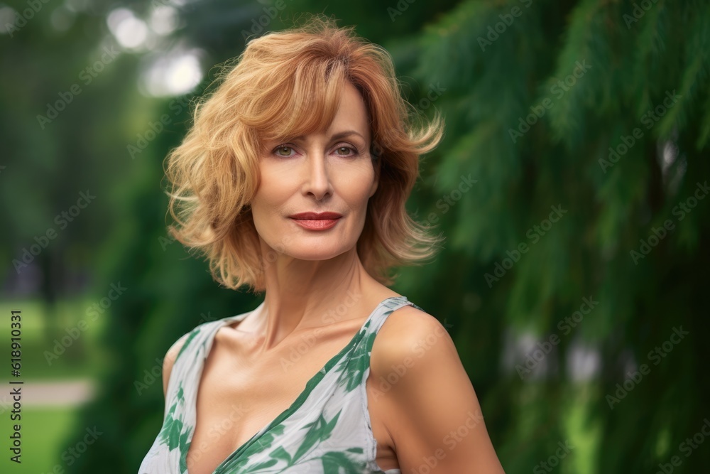 Attractive sexy mature blond woman posing in a park looking at the camera Attractive sexy mature blond woman posing in a park looking at the camera