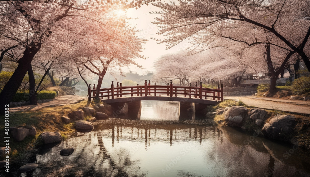 Cherry blossom tree reflects in tranquil pond generated by AI