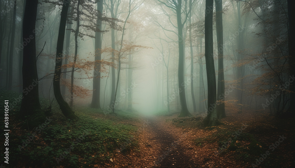 Mysterious forest path, spooky beauty in nature generated by AI Mysterious forest path, spooky beauty in nature generated by AI