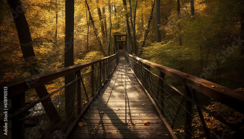 Tranquil footbridge leads through multi colored tropical rainforest generated by AI