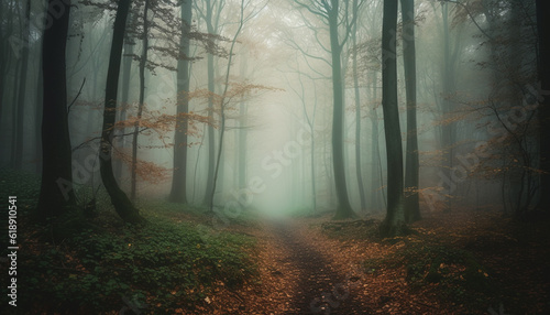 Mysterious forest path, spooky beauty in nature generated by AI