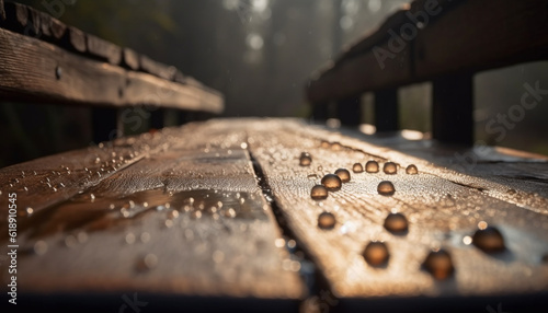 Wet raindrop on wood plank reflects abstract nature generated by AI