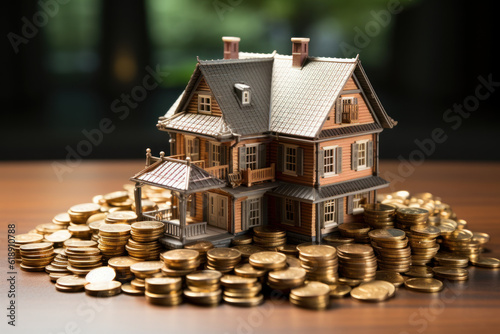 Tiny Abode of Wealth: Miniature House Surrounded by an Abundance of Coins. Generative AI