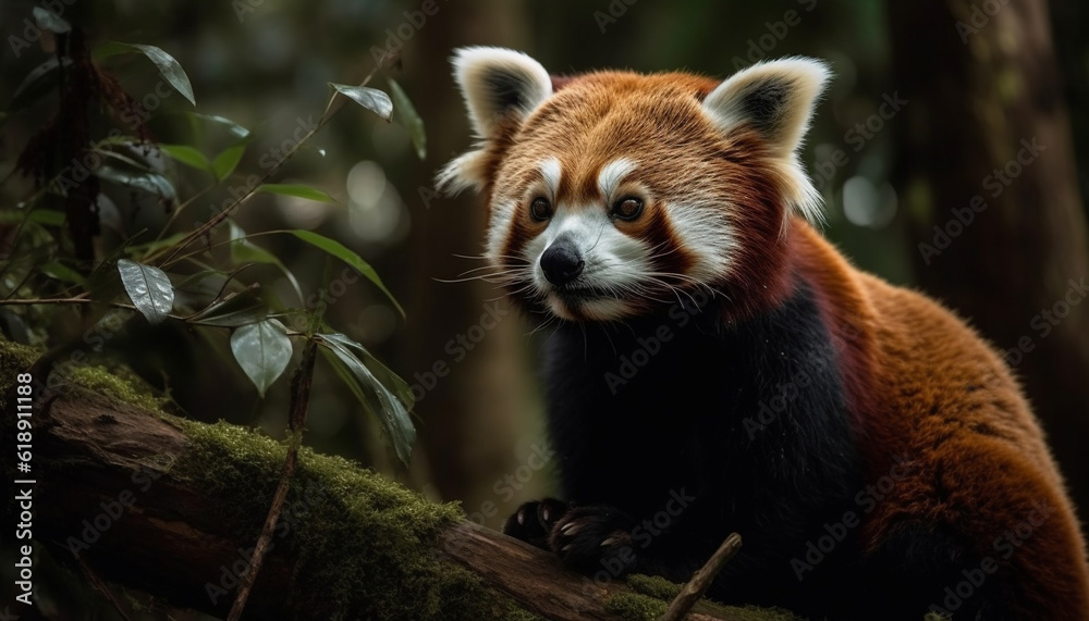 Fototapeta premium Red panda sitting on branch, looking cute generated by AI