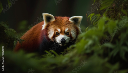 Fluffy red panda sitting on green grass generated by AI