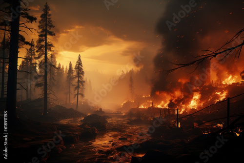 Inferno Unleashed: Devastating Forest Fire Engulfing Nature's Splendor. Generative AI © Anthony Paz