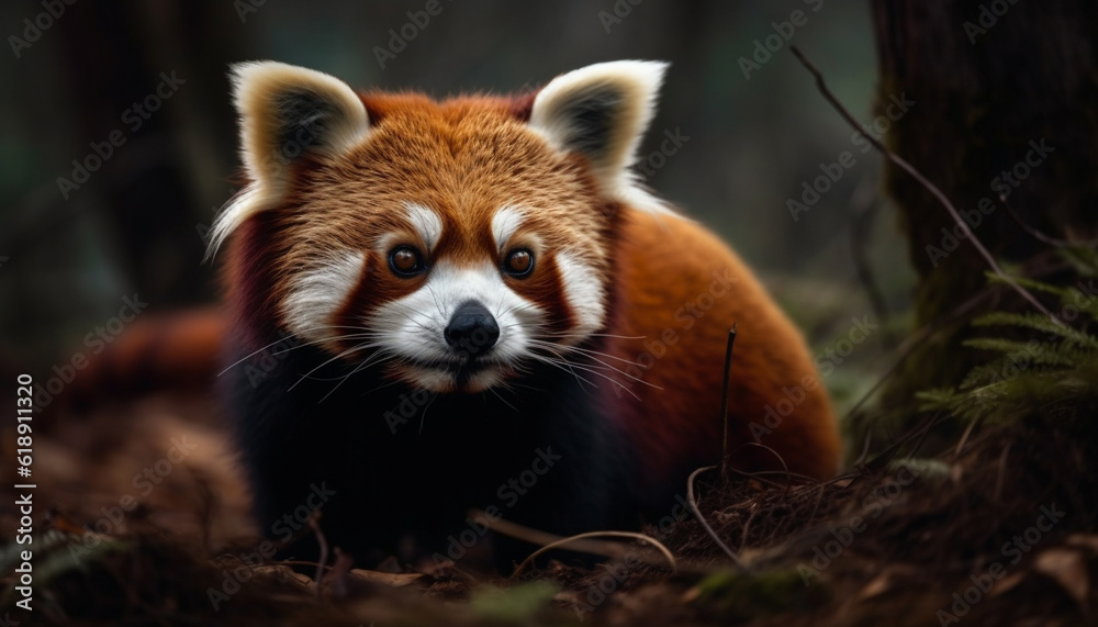 Fluffy red panda sitting in green grass generated by AI Fluffy red panda sitting in green grass generated by AI