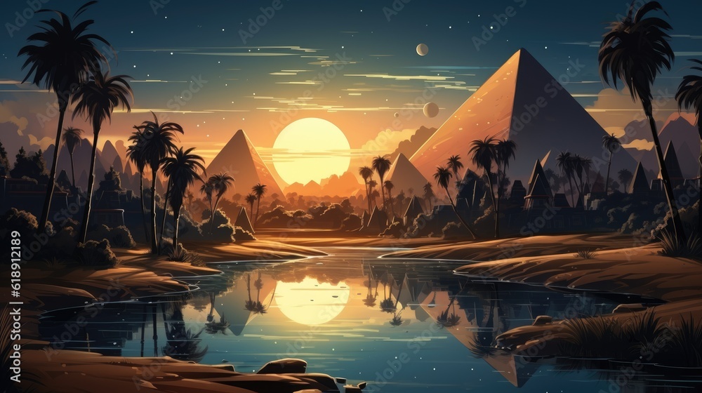 Egyptian desert with river and pyramids at night. Vector