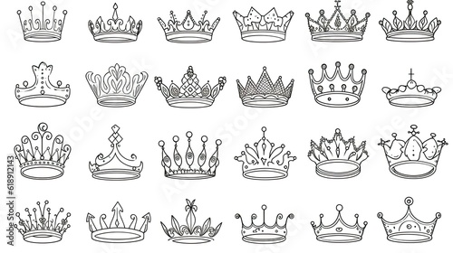 Doodle crowns. Line art king or queen crown sketch