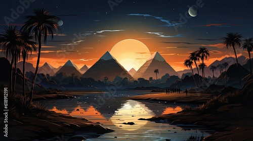 Egyptian desert with river and pyramids at night. Vector