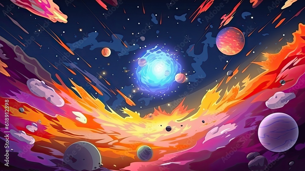 Galaxy outer space background with planets and explosion