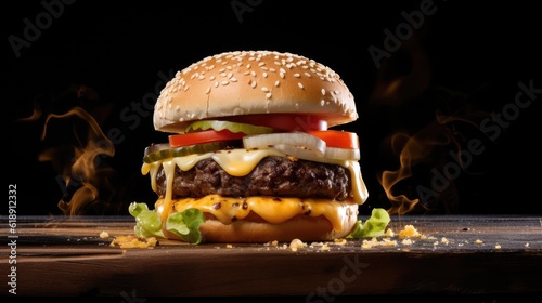 Food photography delicious hamburger black background