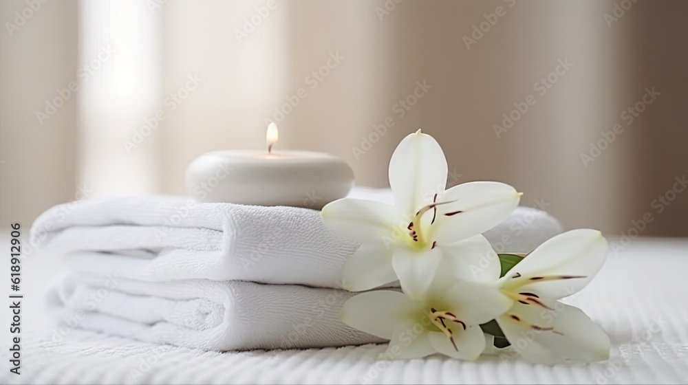 Close up photography, spa with towel, aromatherapy, wellness and relaxation Close up photography, spa with towel, aromatherapy, wellness and relaxation
