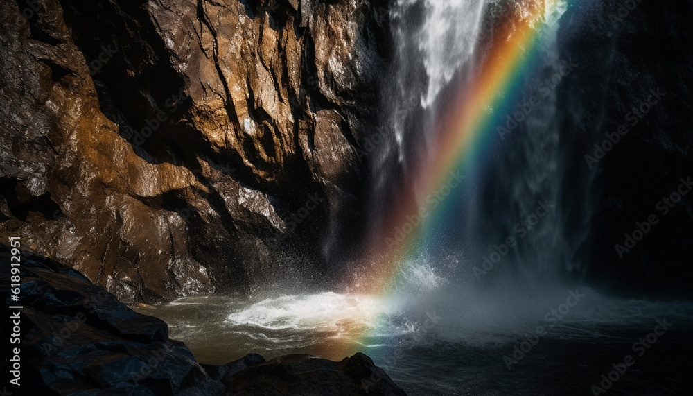 Majestic rainbow over flowing water in forest generated by AI