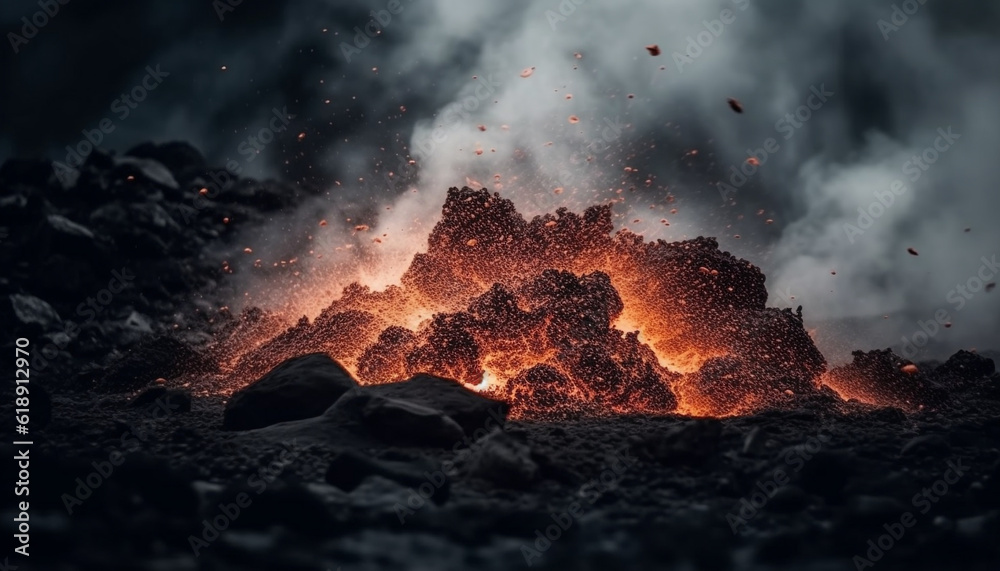 Glowing bonfire erupting in dark mountain landscape generated by AI