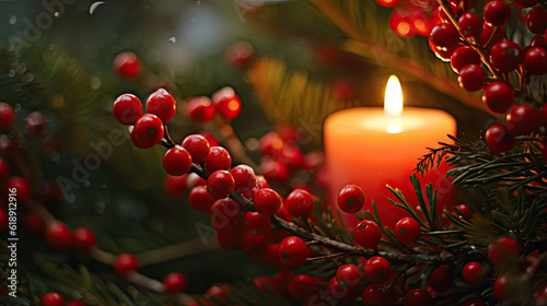 Fotografia Close up of a candle in a spruce tree with berries
